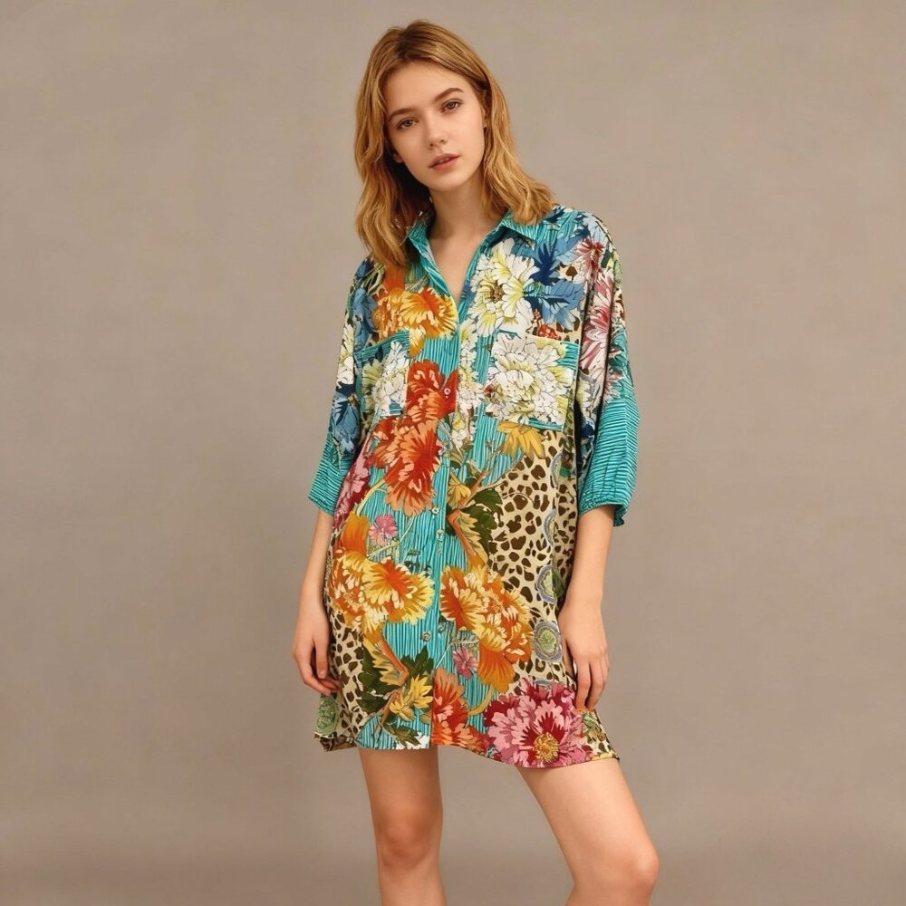 NWOT Johnny Was Blue Leopard Shirt Dress or Cover Up Multicolor Size S